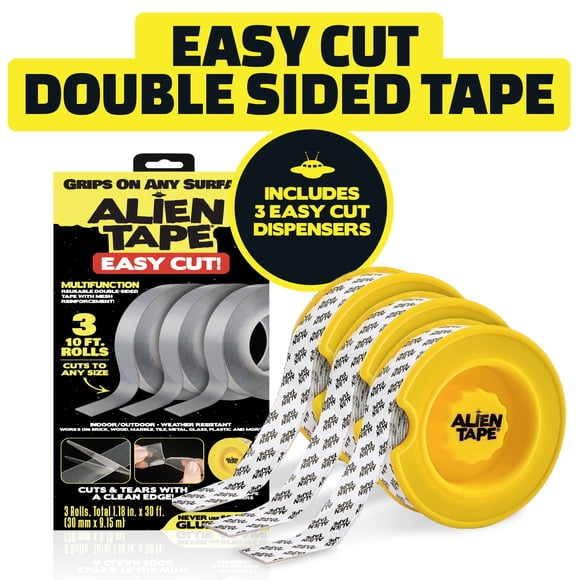 Alien Ruban EZ Cut Coupe Facile 3 Rouleaux Ruban de Montage Double Face, Grilles Pré-Découpées de 10 Pi pour une Coupe Sans Tracas, Adhésif Fort, Utilisation Multi-Surfaces, Aucun Ciseaux Requis, Parfait pour les Projets à la Maison et au Bureau