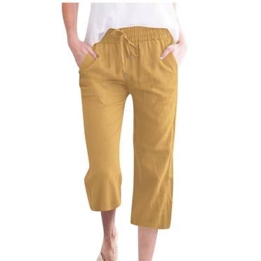 biudgviw Capri Pants for Women Plus Size Elastic High Waisted Straight Leg Cropped Cotton Linen Pants Summer Casual Trousers with Pockets