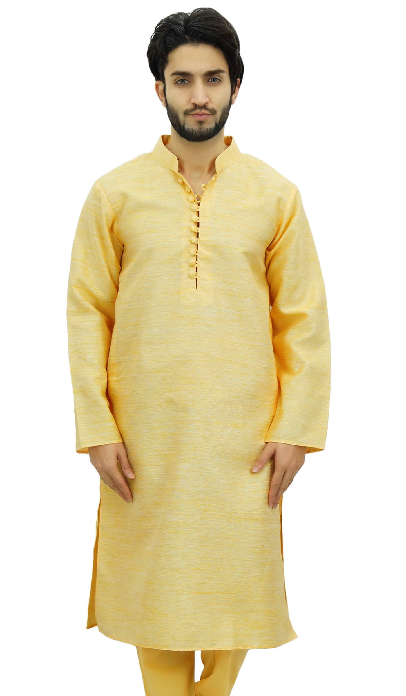 Atasi Ethnic Men's Kurta Pyjama Set Yellow Bollywood Designer Shirt-Small