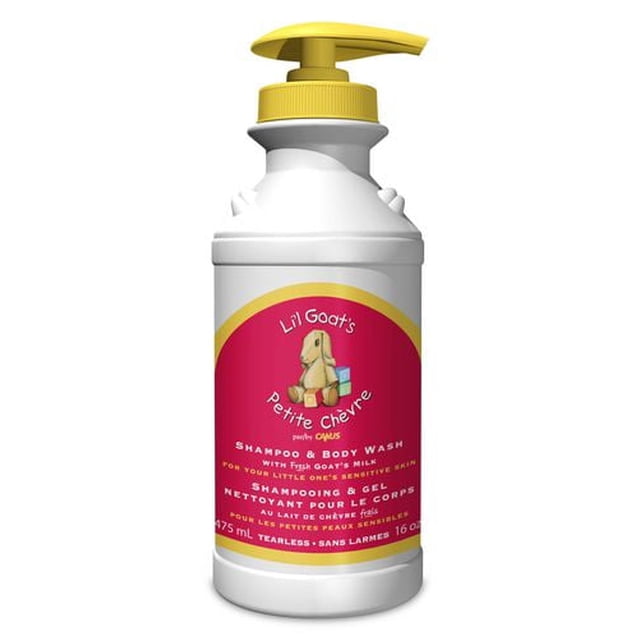 Li’l Goat’s Shampoo and Body Wash in a 475 ml white plastic pump bottle with a yellow pump and red label featuring a cartoon goat, formulated with fresh goat’s milk for sensitive baby and toddler skin, biodegradable and tearless.