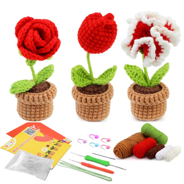 Crochet Kit for Beginners, Crochet Potted Flowers Kit (Red), Complete Crochet Kit for Beginners Adults