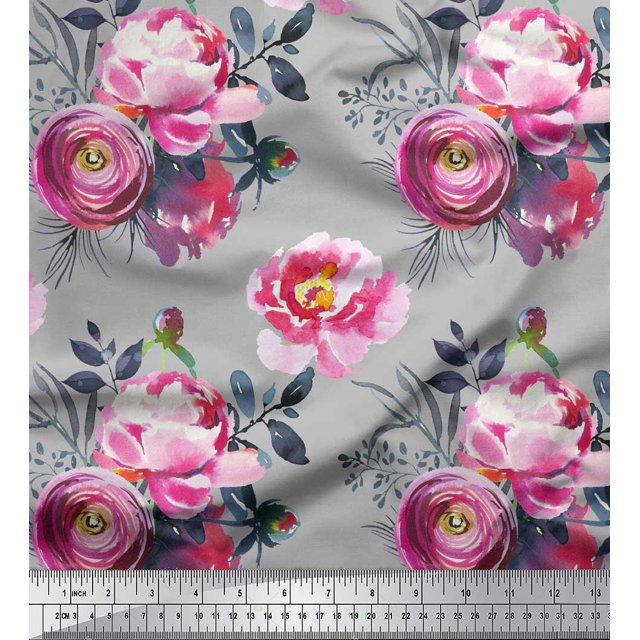 Soimoi Gray Cotton Poplin Fabric Peony And Ranunculus Floral Fabric Prints By Yard 42 Inch Wide