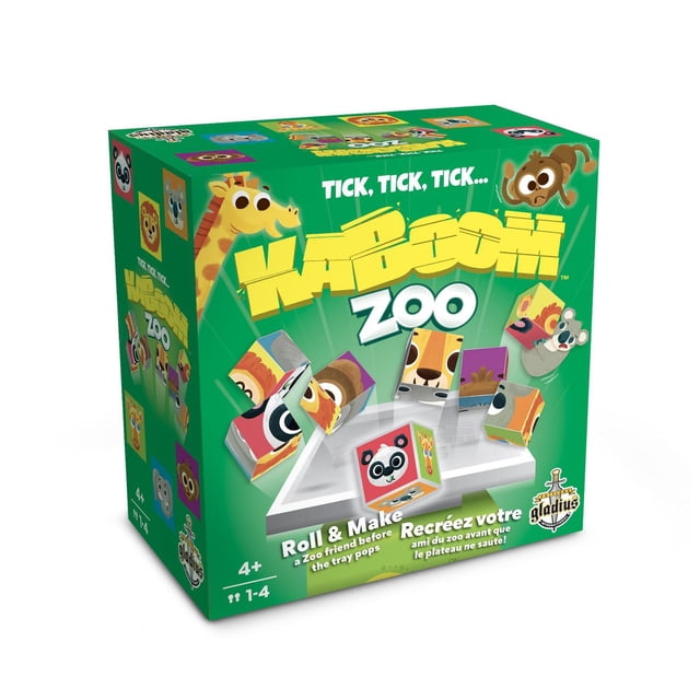 Éditions Gladius Kaboom Zoo Boîte de Jeu de Société Familiale avec Fond Vert Comprenant des Blocs de Casse-Tête de Visage d'Animal de Dessin Animé et une base de Jeu Blanche à Ressort, Conçue pour 1 à 4 Joueurs de 4 Ans et Plus jusqu'à Rouler et Placer des Blocs pour Former des Visages d'Animaux avant Que le Plateau n'Opère.