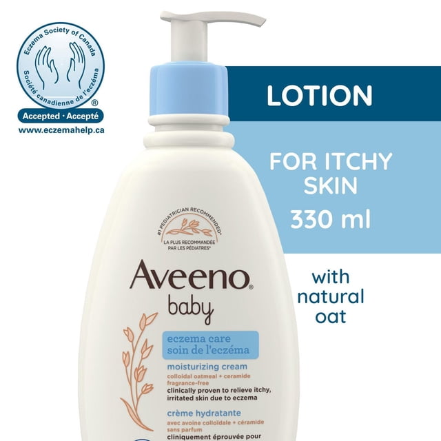 Aveeno Baby Eczema Care Moisturizing Cream in a 330 ml white pump bottle with blue collar, containing natural colloidal oatmeal and ceramide to soothe itchy, irritated skin from eczema. Fragrance-free and pediatrician recommended for baby skin care.