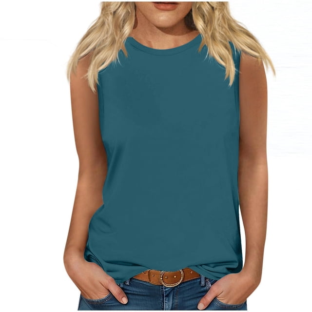 Yuyuzo Sleeveless Tops for Women Round Neck Tank Tops Solid Color Summer T Shirts Loose Basic Shirts