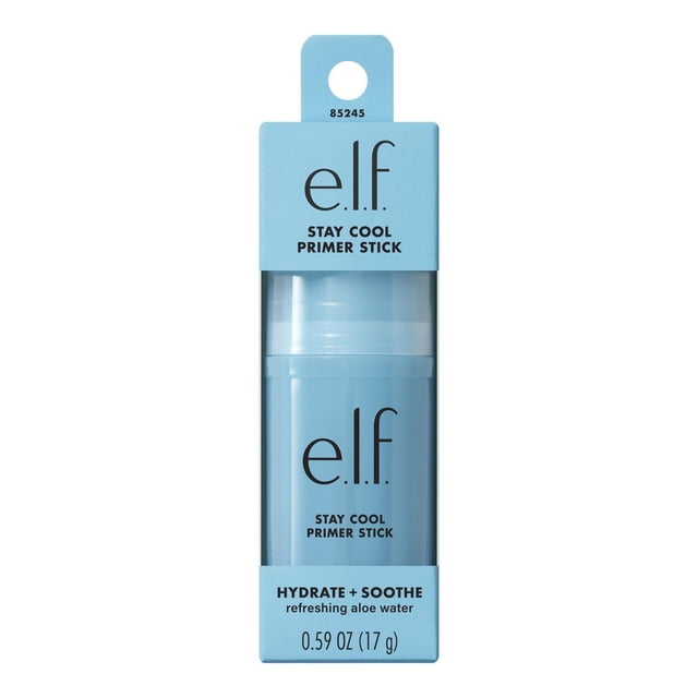 e.l.f. Cosmetics Bâton d'Apprêt Stay Cool en Bâton de gel Solide Bleu Pâle, Emballage avec Texte Noir, Contenant 0,59 oz (17 g) d'Apprêt Hydratant Infusé d'Eau d'Aloès pour Apaiser et Préparer la Peau pour une application de Maquillage Fluide.