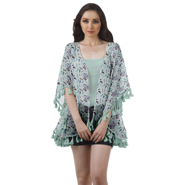 Moomaya Cache-Maillots pour Femmes Imprimé Kimono Manches à Franges Boléro