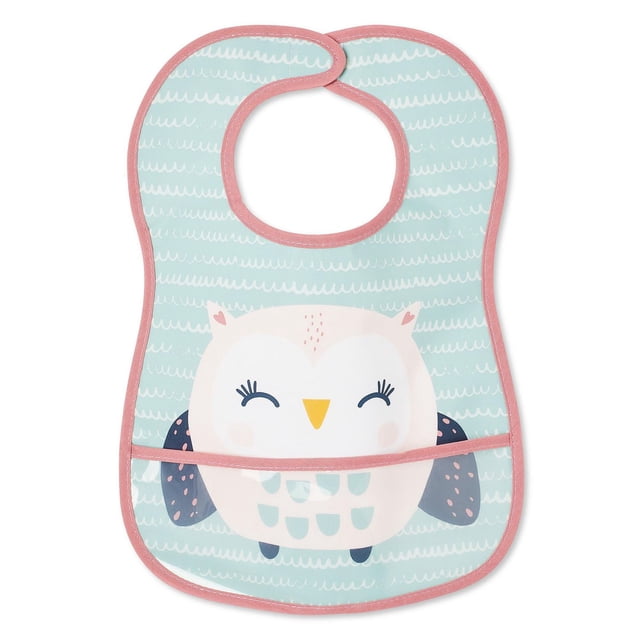 George Bavoir Facile à Essuyer pour Bébé avec Vue de devant Présentant un Fond Bleu Pâle avec des Lignes Blanches Ondulées, un Hibou Blanc Souriant avec des Ailes Bleu Marine et un Bec Jaune, une Bordure Rose et une Poche Anti-Déversement, Fabriqué avec une Couche Supérieure Résistante à l'Eau et un Revers en Éponge Souple pour l'Alimentation des Nourrissons.