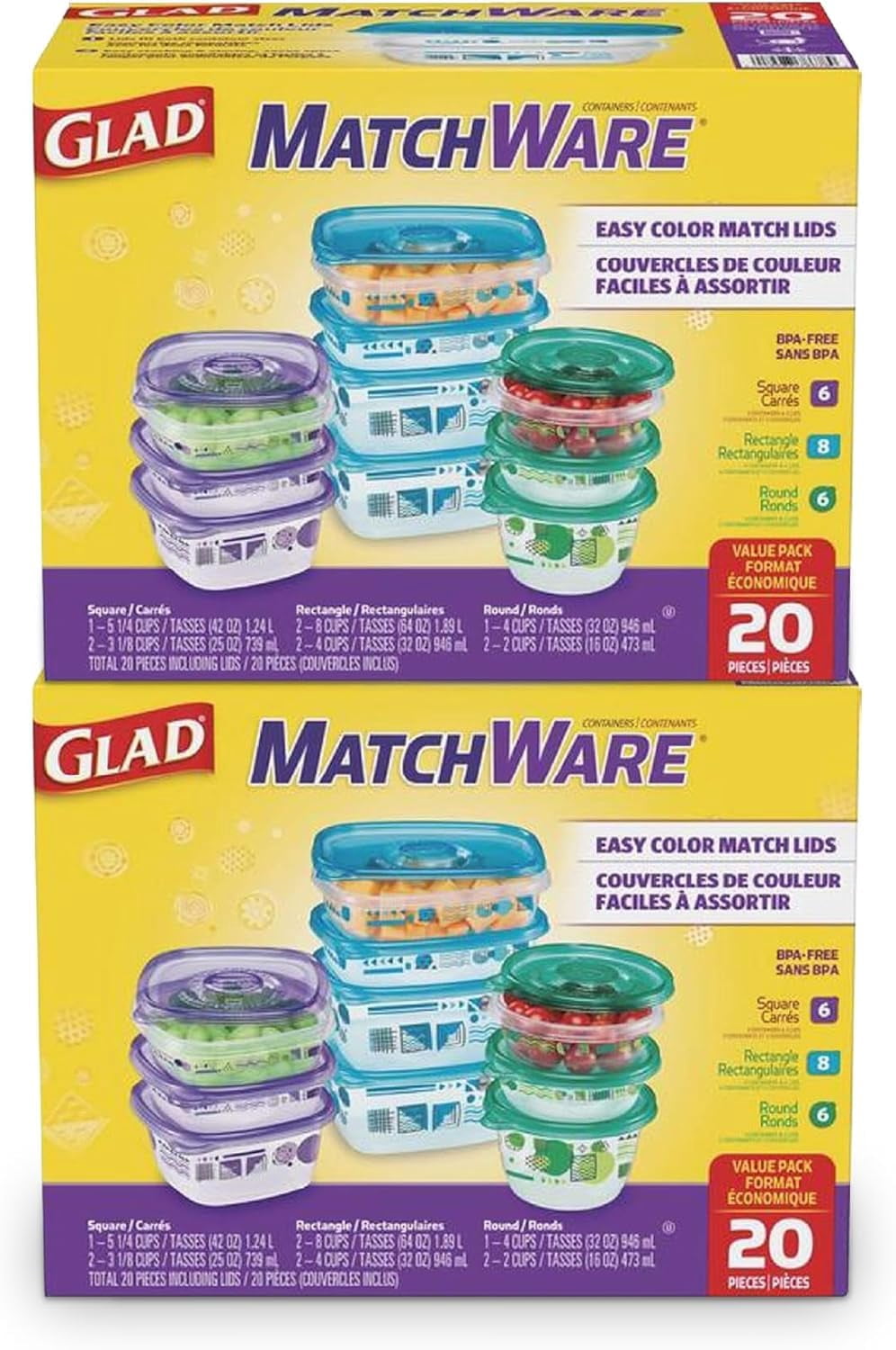 Glad GladWare MatchWare Food Storage Containers with Lids, Reusable Plastic Containers Variety Pack for Lunch, Meal Prep, and Lef
