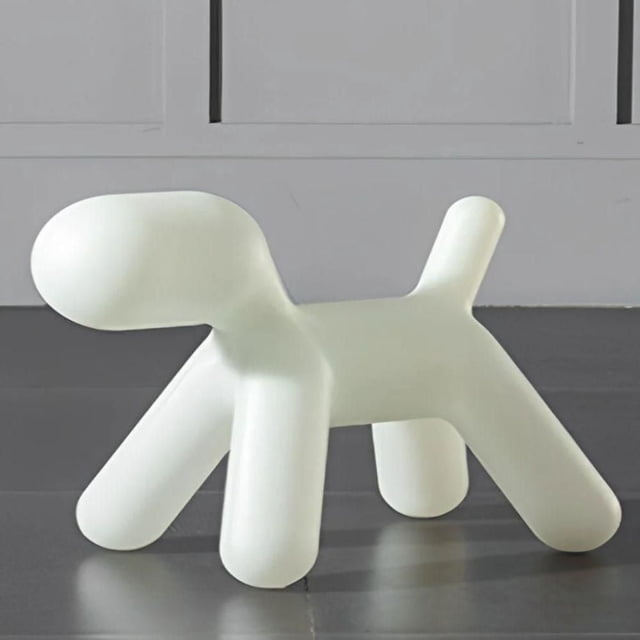 Heavenly Collection Dog Kids Chair in White, a white, smooth plastic kids chair shaped like a dog with rounded legs and head, measuring 18 inches high by 20 inches wide, standing on a dark floor against a light grey wall, suitable for children's seating and playroom decor.