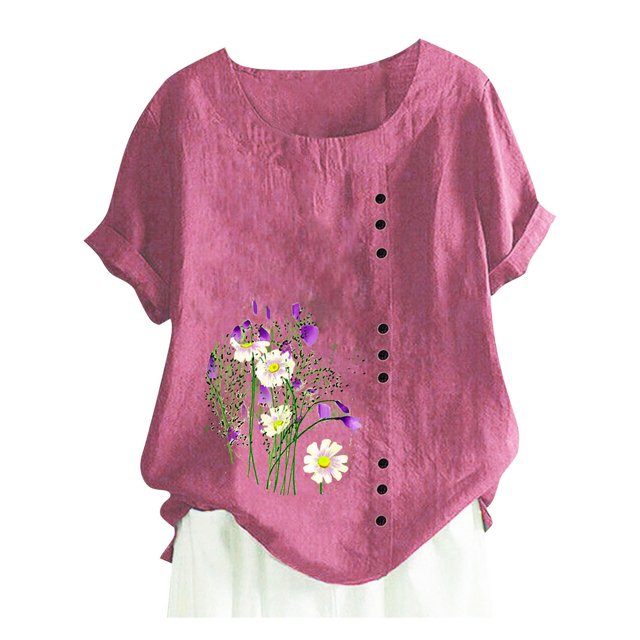 LUOGENLI T-shirts pour Femme pour Femmes Nouveau Coton et Manches Courtes Haut à Boutons Col Rond T-Shirt Imprimé T-shirts pour Femmes T-Shirt Graphique Saint-Valentin TTG