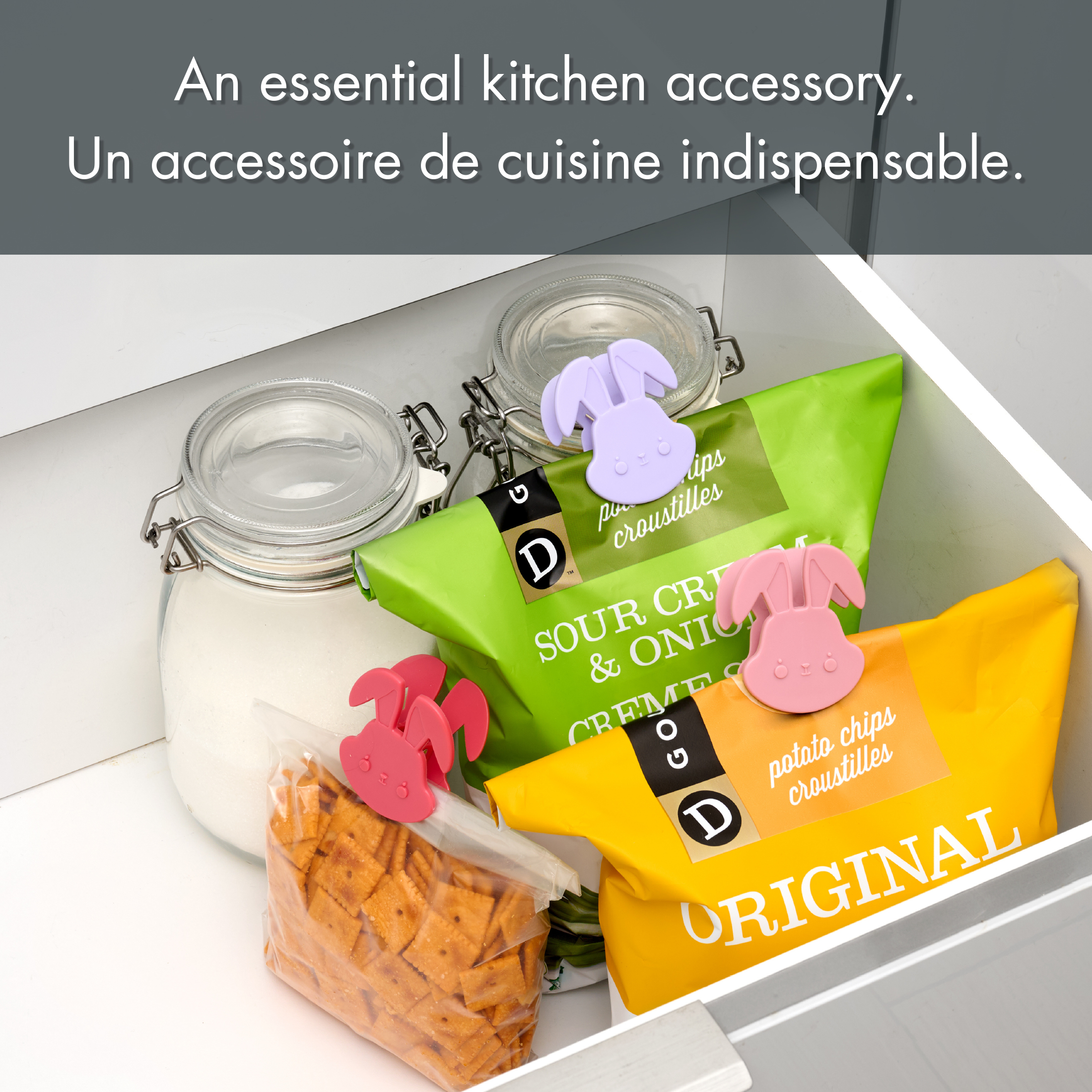 Tout pour célébrer – Lot de 3 pinces à sacs de cuisine en forme de lapin, en rose foncé, rose pâle et violet doux