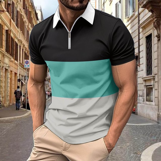 Chemises pour Hommes, Mode Homme Décontractée Couleur Unie Fermeture Éclair Manches Courtes Col Rabattu Blouse