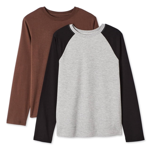George Boys' Long Sleeve Tee 2-Pack featuring a solid brown tee and a gray tee with black raglan sleeves.