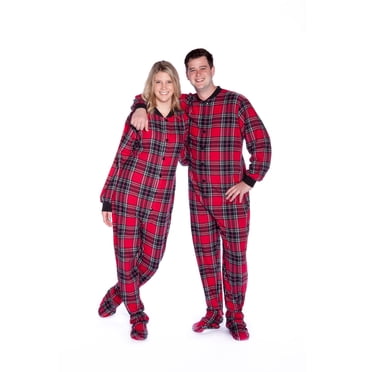 Pyjama une-Pièce pour Adulte en Flanelle de Coton à Carreaux Rouge et Noir, Pyjama à Pieds