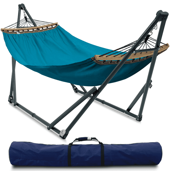 Tranquillo Hammock with Stand Heavy-Duty Hammock Quick Fold Unfold Steel Frame Hammock Cotton Canvas Hammock Portable Hammock Stand Spreader Bar Hammock 600 lbs Capacity Portable Relaxation Gear, Blue