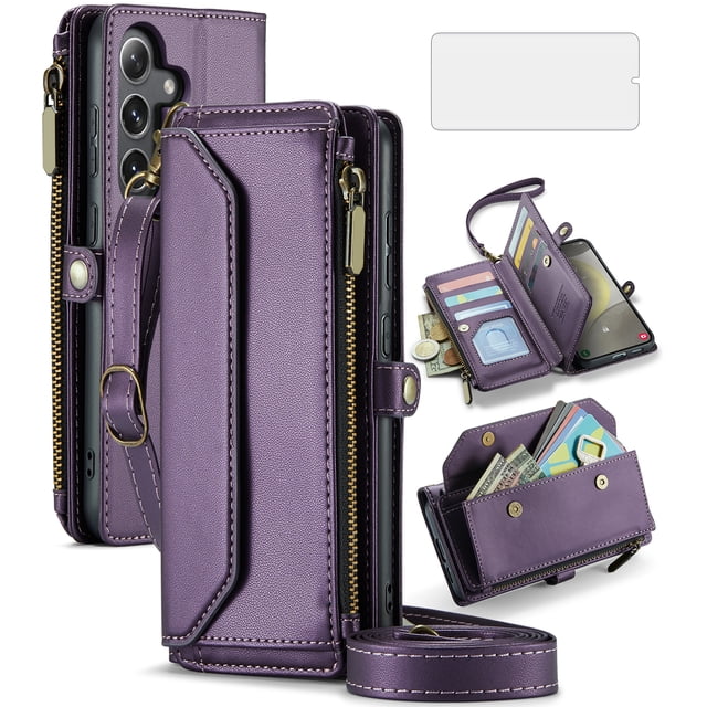 Asuwish Compatible with Samsung Galaxy S24 5G Zipper Wallet Phone Case Tempered Glass Screen Protector Crossbody Lanyard Strap Flip Card Holder Slot Cell Cover for S 24 24S G5 SM-S931U Women Purple
