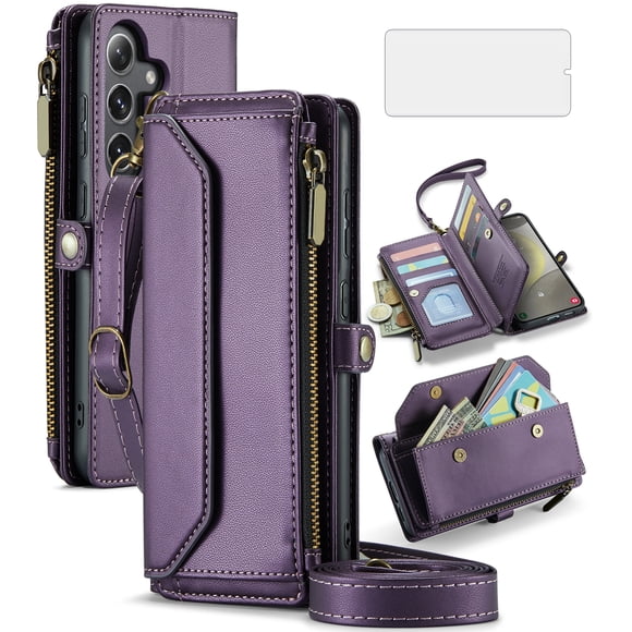Asuwish Étui Portefeuille à Fermeture Éclair pour Téléphone pour Samsung Galaxy S24 Plus S24+ 5G Protecteur d'Écran en Verre Trempé Bandoulière Lanière à Rabat Porte-Cartes Fente Étui Cellulaire S24 Plus 24S + S 24+ Femmes Hommes Violet