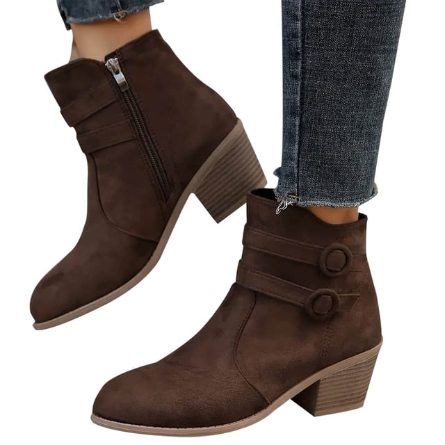 LSLJS Women's Retro Chunky Heeled Ankle Boots Double Buckle Strap Side Zipper Boots Comfortable Short Boots, Work Boots