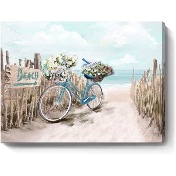 Beach Canvas Wall Art for Bathroom Ocean Pictures Seaside Bicycle Canvas Print Seascape Painting Framed Teal Aqua Blue Calming Shoreside for Modern Coastal Themed Lake Home Bedroom Décor Ready
