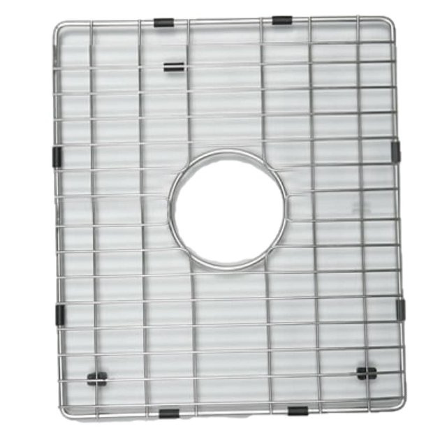 American Imaginations 10-in. W Kitchen Sink Grid AI-34617, a rectangular stainless steel grid with chrome finish and central circular drain cutout, featuring black protective bumpers for drop-in kitchen sink installation, also suitable for protecting delicate cookware from scratches.