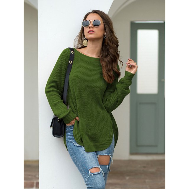 EGNMCR Chandails pour Femmes Manches Longues Col Rond Chandail Fendu Couleur Unie Haut Col Rond Chandail, Cadeaux pour Femmes
