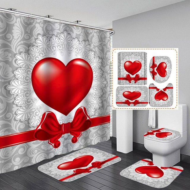 Valentine's Day 3D Digital Printing Shower Curtain 4-piece Set For Home / Hotel / Party Decoration