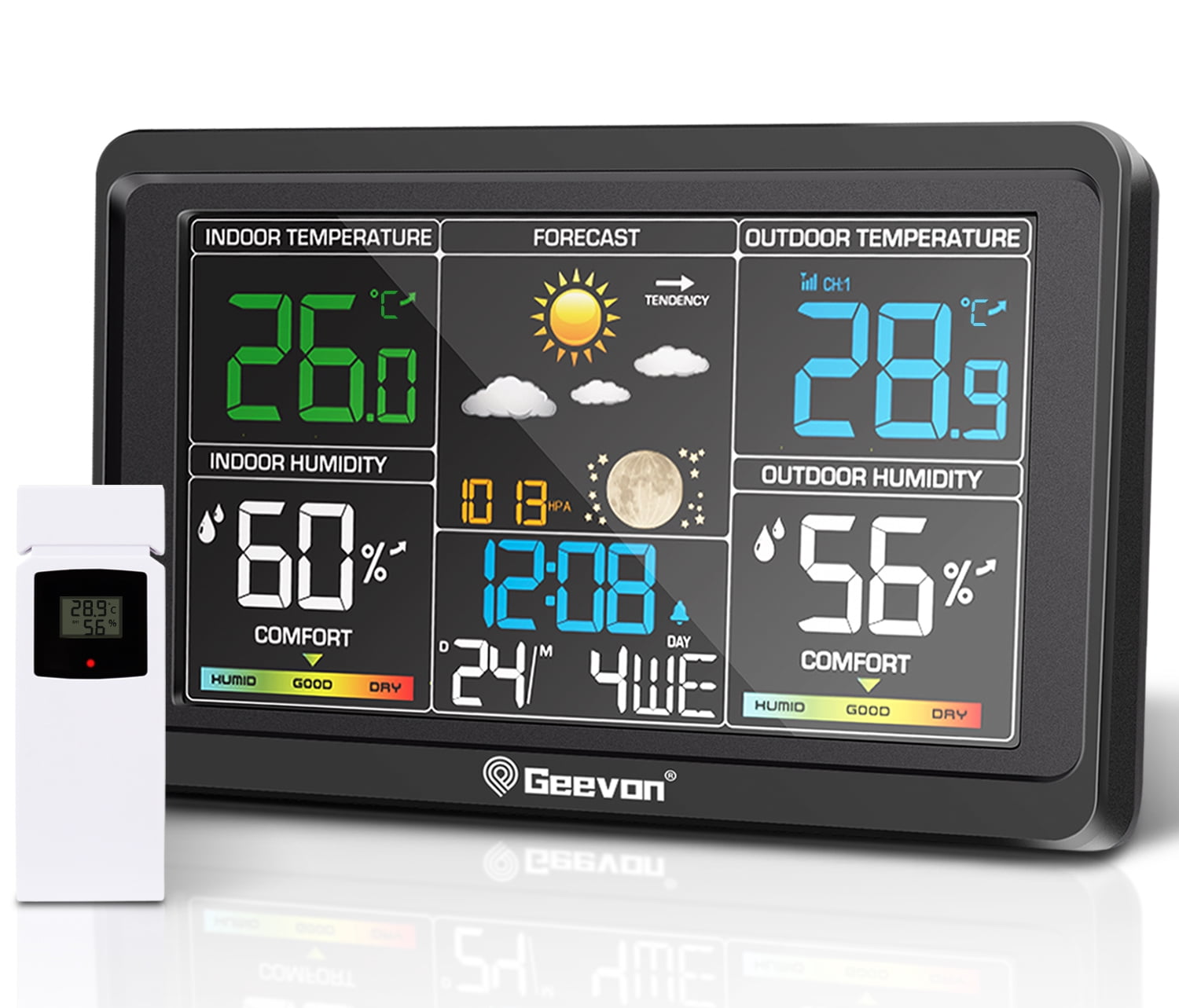 Geevon Upgraded HD Display Weather Station Wireless Indoor Outdoor Thermometer, Digital Weather Thermometer Temperature Humidity Monitor with Barometer, Calendar, and Adjustable Backlight