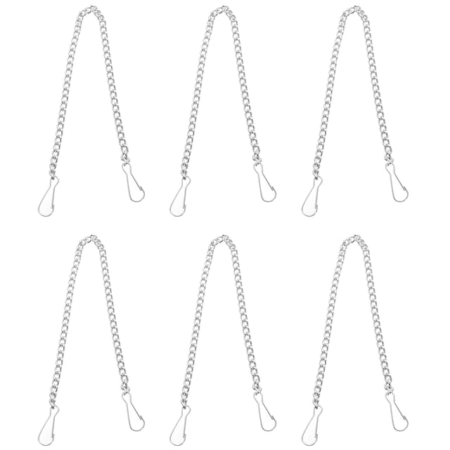 6pcs Toilet Handle Chain Stainless Steel Toilet Flapper Lift Chain Replacements. The set includes six silver chains, each measuring 27.50 cm in length, with a hook end and a triangular hook for easy installation. Made of rust-resistant stainless steel, these chains are durable and suitable for standard toilet baffles, helping to prevent toilet leaks. Ideal for wet environments, they feature a glossy surface and are easy to adjust for minimal slack between the baffle and flushing rod.