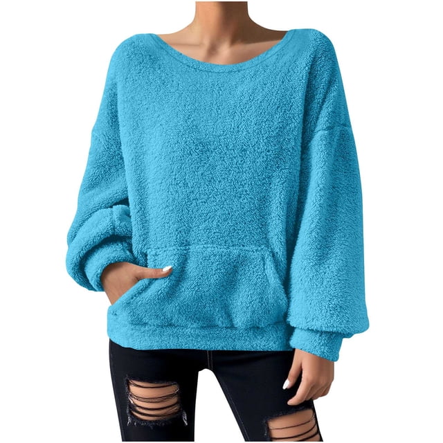 Yuyuzo Chandails en Molleton pour Femmes, Duveteux, Coupe Ample, Col Rond, Manches Longues, Chandail à Enfiler, Mode d'Automne, Hauts de Chandail avec Poches