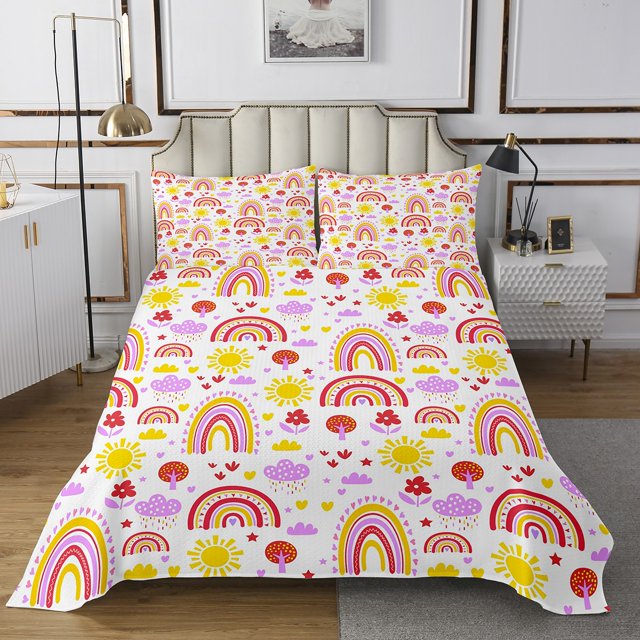 Erosebridal Purple Cloud Coverlet Set Twin, Cartoon Rainbow Bedding Set, Sun Star Room Decor