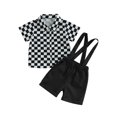 thumbnail image 1 of Faithtur Vêtements d'Été pour Garçons Imprimé Damier Manches Courtes Col Rabattu Chemises Hauts Bretelles Shorts Ensemble 2 Pcs, 1 of 8