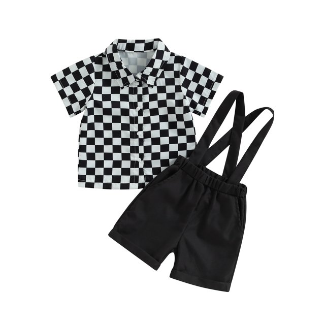 Faithtur Vêtements d'Été pour Garçons Imprimé Damier Manches Courtes Col Rabattu Chemises Hauts Bretelles Shorts Ensemble 2 Pcs