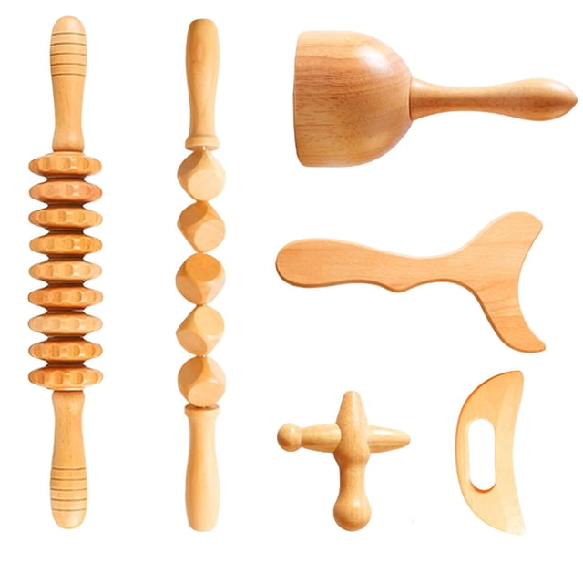 Manual wood massage tools set including a variety of wooden massagers such as a five-rolling pin stick, nine-wheel massage stick, cup scraper, fish-shaped scraping board, moon-shaped scraping board, and acupressure stick. Made of smooth, durable wood, these tools are designed for muscle relaxation, lymphatic drainage, and stress relief. Suitable for use while watching TV, reading, or working. Ideal for personal use or as a thoughtful gift.