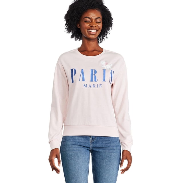 Disney Aristocrats pour Femmes, Pop-Up en Tissu Éponge Français Rose Pâle à Manches Longues, Encolure Ras du Cou et Poignets et Ourlet Côtelés, avec un Graphique avant avec « Paris MARIE » en Lettres Bleues et une Petite illustration de Chat Blanc, Style Jean Bleu pour Tenue Décontractée.