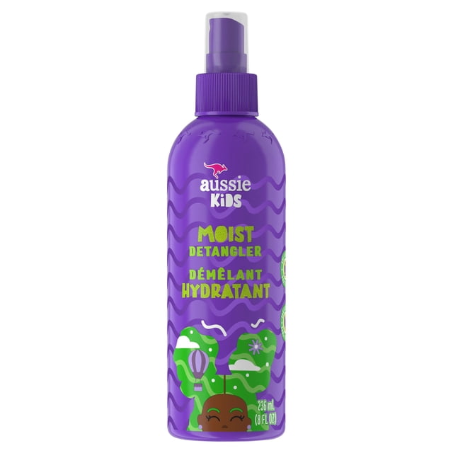 Aussie Kids Moist Detangler in a purple spray bottle with a pump top, featuring green text and playful wave patterns, designed for moisturizing and detangling children's hair, 236 ml (8 fl oz).