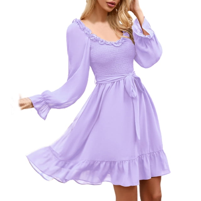Birdeem Robe Femme Unie Printemps et Été à Manches Longues avec Ceinture à la Taille, Manches à Volants, Col Rond