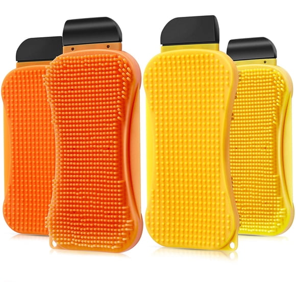 4 Pcs Éponges en Silicone 3 en 1 Brosse de Nettoyage en Silicone Polyvalente Éponge de Cuisine Lave-Vaisselle Récurant Grattoir Polyvalent pour le Nettoyage de la Vaisselle, de la Cuisine et de la Salle de Bain (Jaune, Orange)