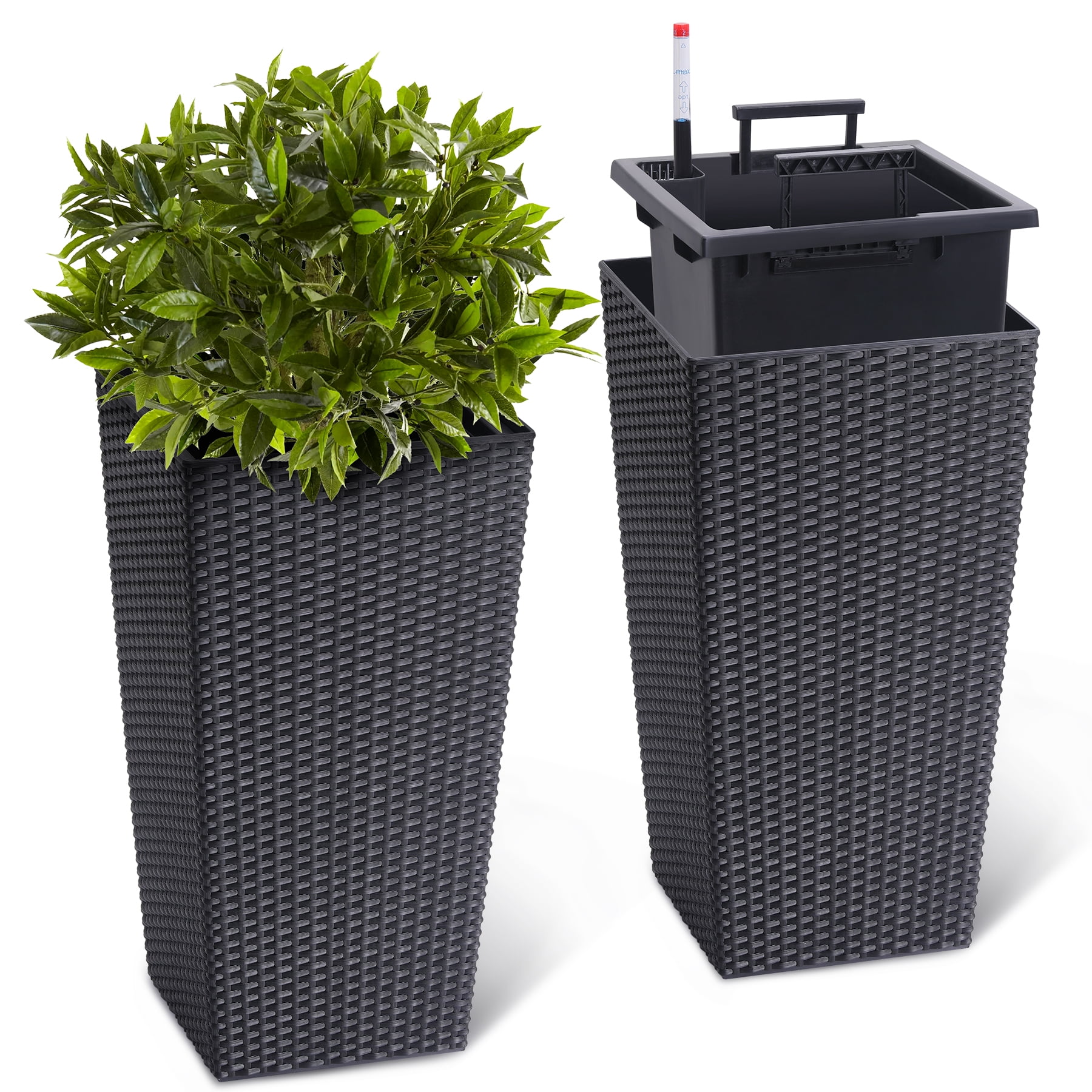 BeesClover Rattan Planter, 22.4 Inch Tall Large Flower Pots with Trays, Water Level Monitor & Wheels for Indoor Outdoor Patio Porch Living Room Home Office Set of 2