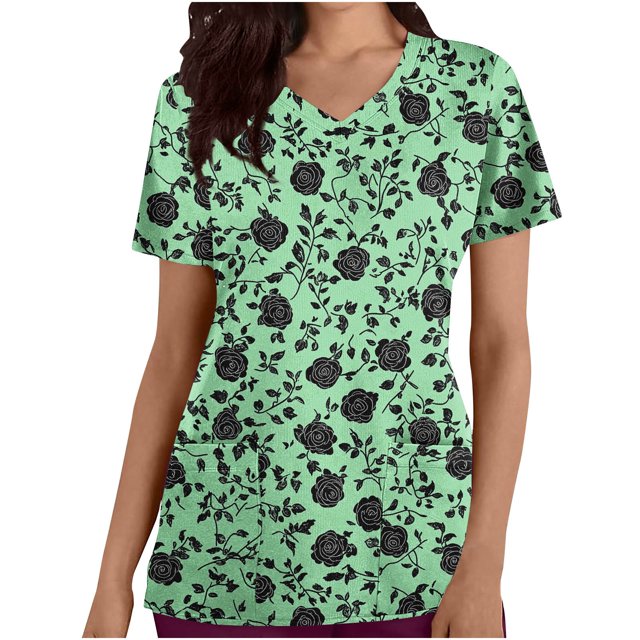 Pisexur Womens Scrub Tops Boasting Colorful Floral Prints Along With Short Sleeve Scrub Tops Suitable for Nursing Uniforms With Convenient Pockets