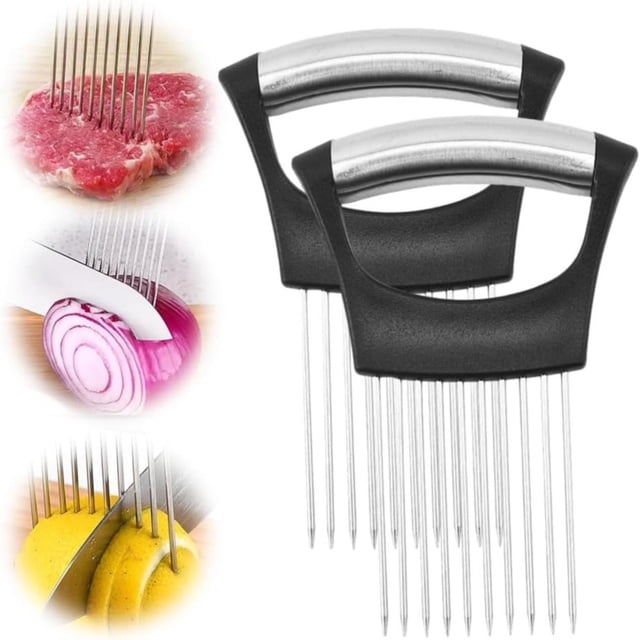 1PC Potato Fry Cutter Onion Holder For Slicing Stainless Steel Onion Cutter Lemon Slicer Vegetable Cutter Kitchen Chopper Slicing Assistant Tool For Onion Potato And Tomato Lemon (2 PCS)