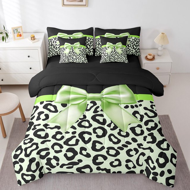 Erosebridal Ensembles de Literie avec Nœud de Rêve Format Grand, Ensemble de Lit à Imprimé Guépard, Vert Noir, Réversible 7 Pcs