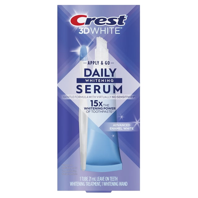 Crest 3DWhite Daily Whitening Serum Advanced Enamel White in a 21 mL tube with whitening wand, featuring a gentle, enamel-safe formula with 15 times the whitening power of toothpaste for daily leave-on teeth whitening treatment without rinsing or brushing.