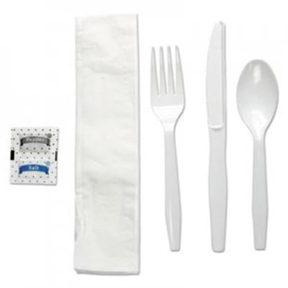 Boardwalk BWKFKTNSMWPSWH Six-Piece Mediumweight Polystyrene Utensil Cutlery Kit, Condiment & Fork & Knife & Napkin & Teaspoon, White