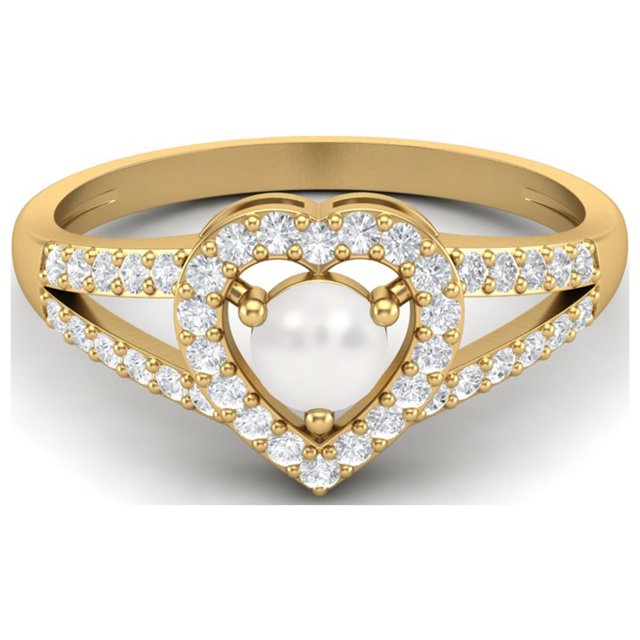 0.83 Cts Round Pearl Heart Shape 925 Sterling Silver Gold Vermeil Solitaire With Accent Split Shank Wedding Rings