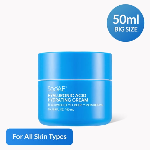Soo'AE Hyaluronic Acid Hydrating Cream 50 ml in a blue jar with white text, designed for dry and all skin types, delivering multi-layer hydration with hyaluronic acid, panthenol, and squalane to moisturize and strengthen the skin barrier.