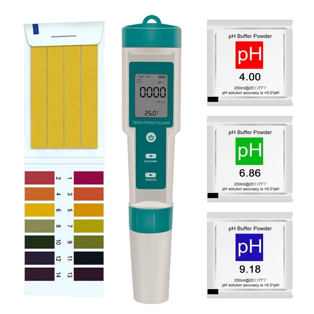 Graflsoa Testeur Portable 7-en-1 de Qualité de l'Eau : pH, TDS, EC, Salinité, S.G, ORP, Mesure de la Température (Sans Rétroéclairage) avec Papier de Test de pH, Conception Compacte pour une Eau Potable Sûre
