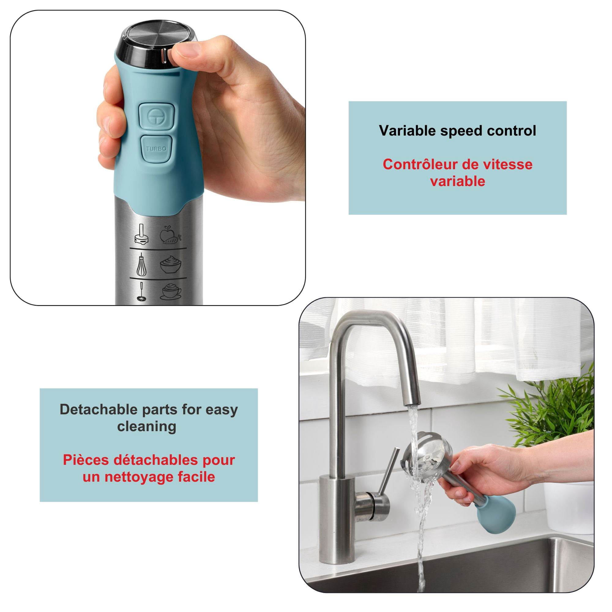 Starfrit Mélangeur à Main 3-En-1, 150W, Avec Fouet Et Mousseur, En Acier Inoxydable Amovible, Vitesse Turbo, Bleu