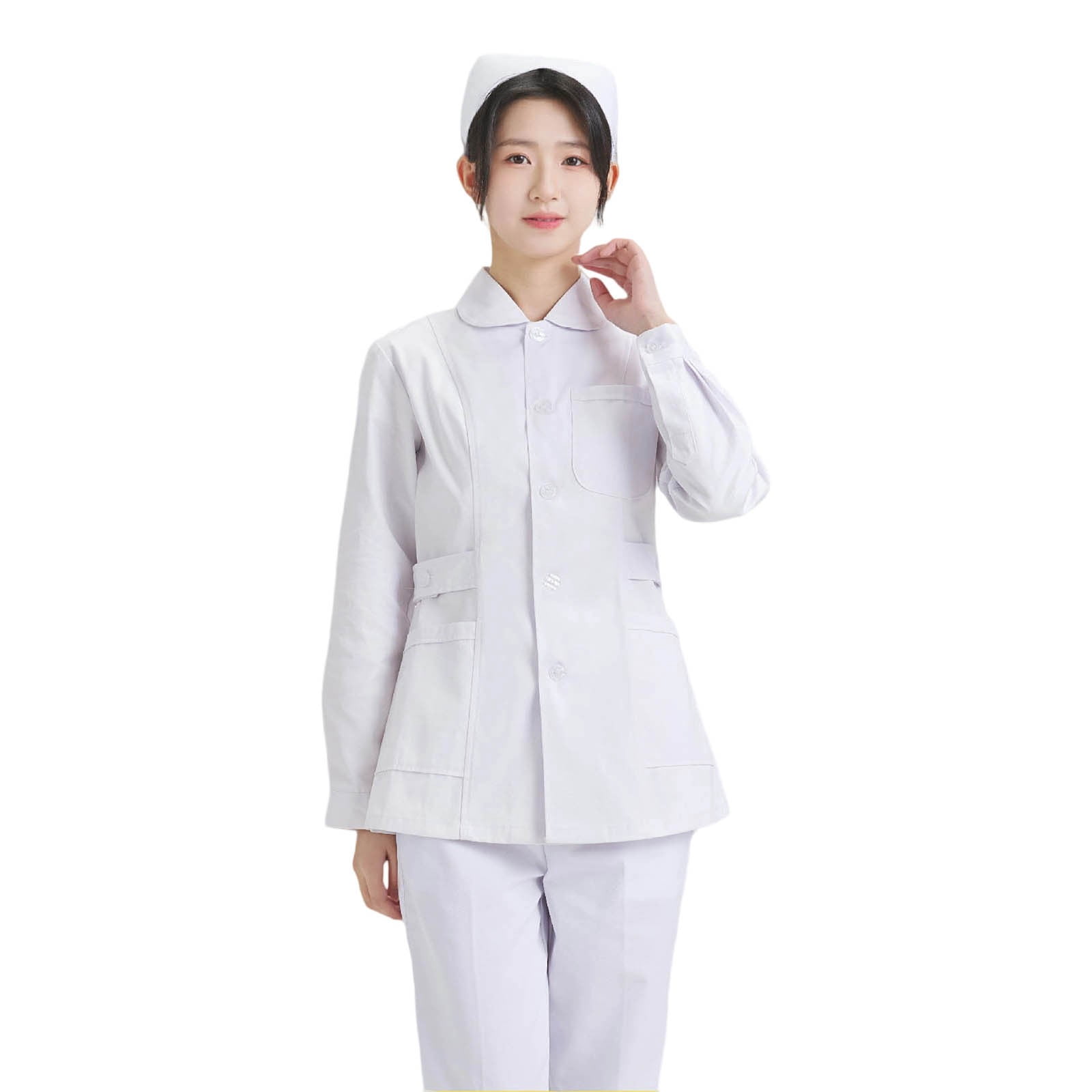 AWZXDE Women's Solid Nurse Jacket With Pockets Buttons Notched Lapel Simple Casual Long Sleeve Uniform For Medical Work Comfortable And Professional White,XL