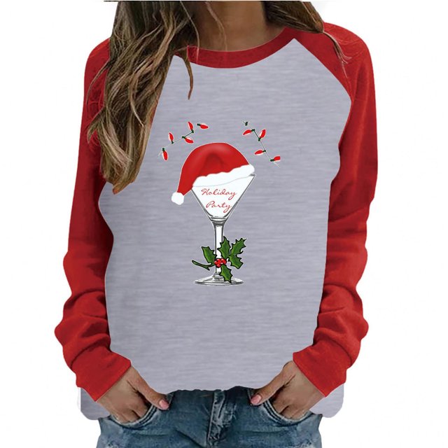 Womens Spring Patchwork Christmas Printed Long Sleeves Round Neck Casual Tee Tops